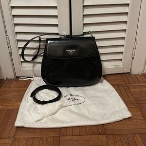 Prada Spazzolato Cleo Shoulder Bag in black brushed leather